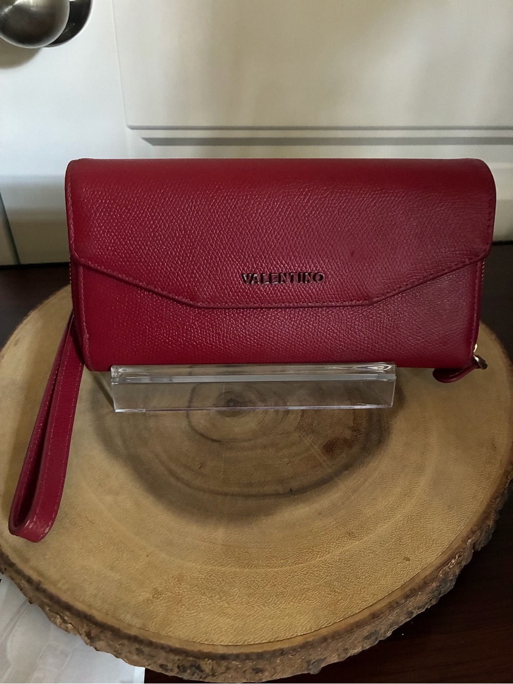 Valentino Red Pebbled Leather Wristlet Clutch & COA
